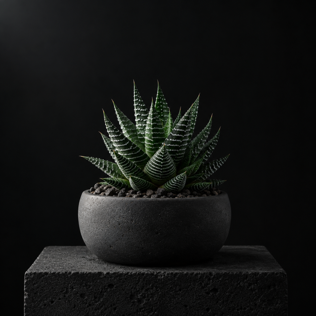 Haworthia succulent in a charcoal pot, softly lit against black