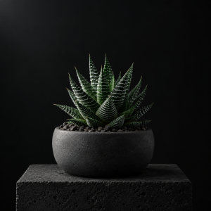 Haworthia succulent in a charcoal pot, softly lit against black