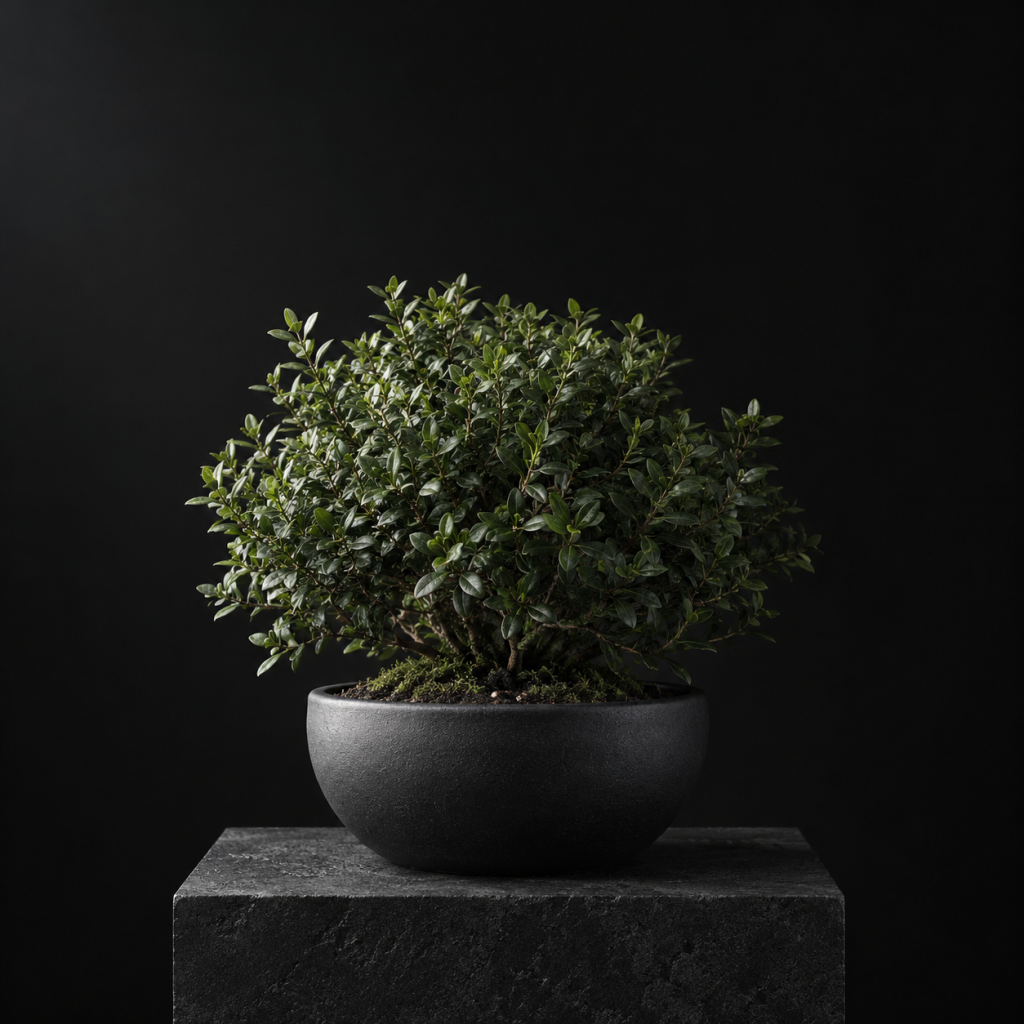 Small leafy shrub in a charcoal bowl, softly lit against black