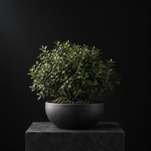 Small leafy shrub in a charcoal bowl, softly lit against black