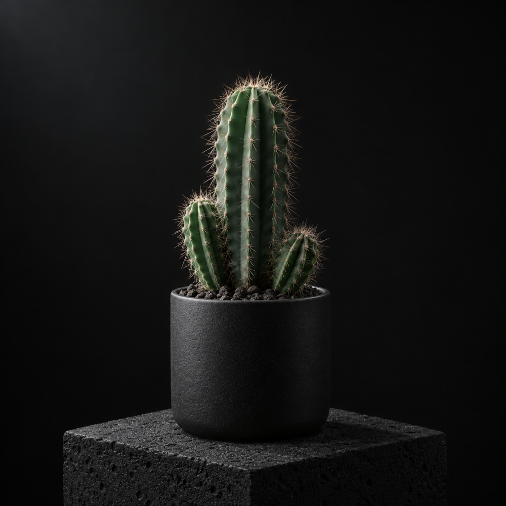 Columnar cactus in a charcoal pot, softly lit against black