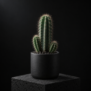 Columnar cactus in a charcoal pot, softly lit against black