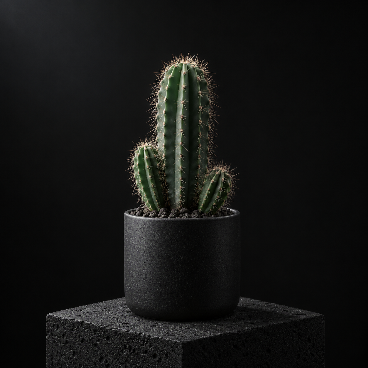 Columnar cactus in a charcoal pot, softly lit against black